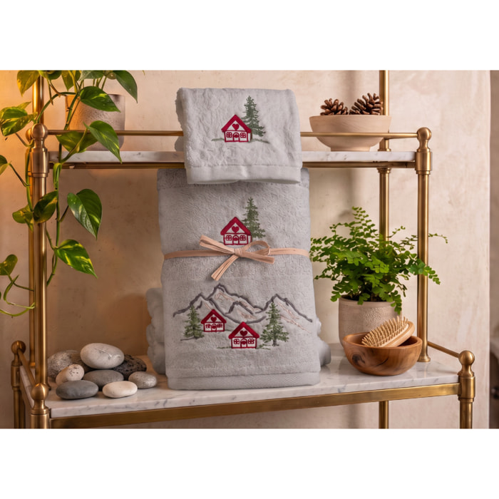 Set Asciugamano Ospite in Spugna 100% Cotone Fantasia Tirolese Natalizia Disegno Malga Grigio Chiaro