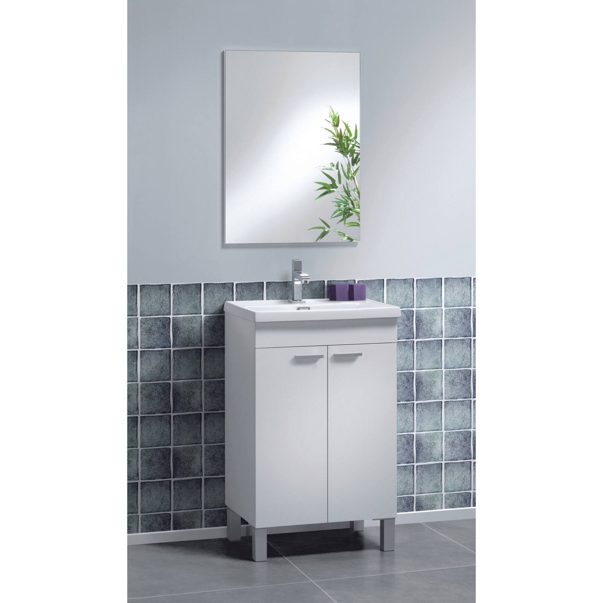 Mobile sottolavabo Naperville, Mobiletto per bagno, Armadio a 2 ante con specchio, lavabo non incluso, cm 50x40h80, Bianco