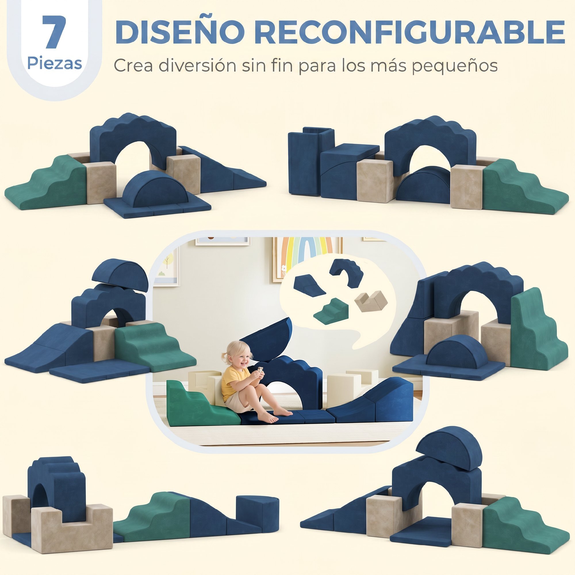 Juego de 7 Bloques de Espuma para Niños, Bloques de Psicomotricidad Infantil con Base Antideslizante, Montessori, Set de Escalada Suave Interior para Escalar y Gatear, 6 Meses-3 Años, Azul