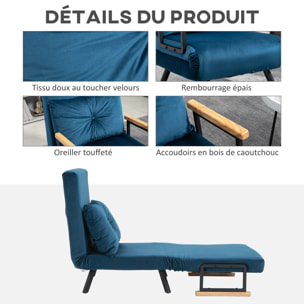 Fauteuil convertible 3 en 1 chauffeuse lit dossier réglable coussin accoudoirs bois velours bleu