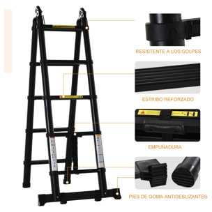 DURHAND Escalera Telescópica Plagable Multifuncional Estable Marco en A Portátil de 10 Pasos 3 Formas Soporta 150 kg Aluminio 320x67x7 cm Negro