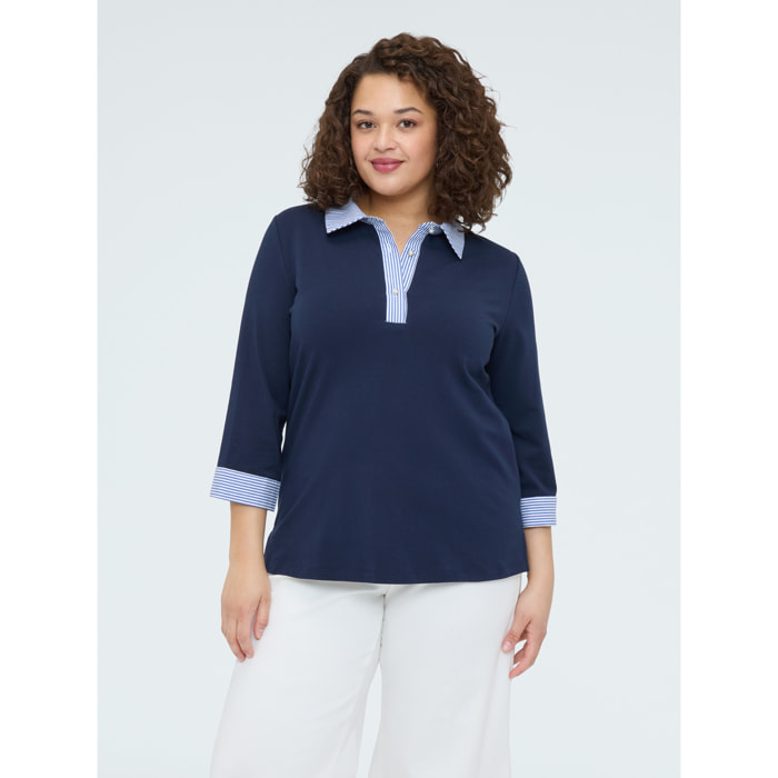 Fiorella Rubino - T-shirt bimaterica con collo polo - Blu