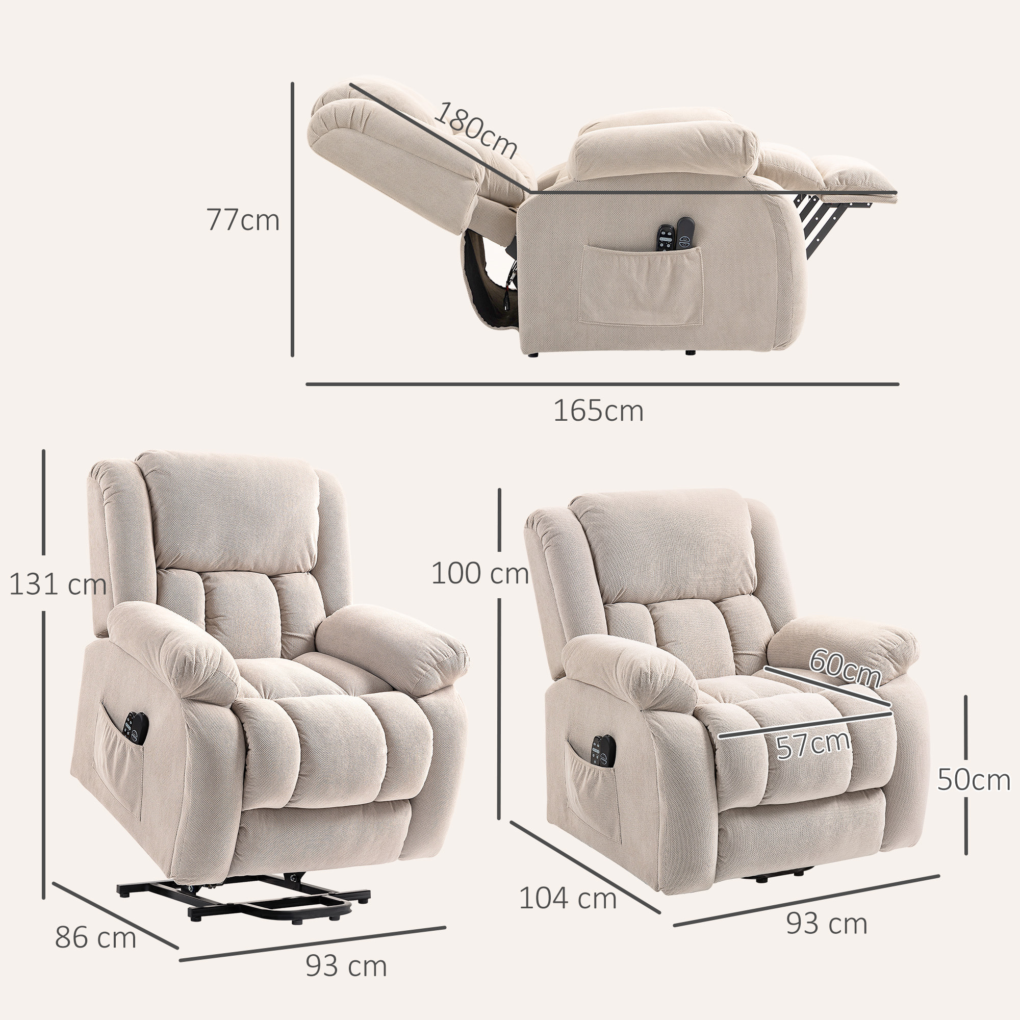 Fauteuil releveur massant chauffant grand confort - inclinable, repose-pieds rétractable - tissu toucher flanelle beige