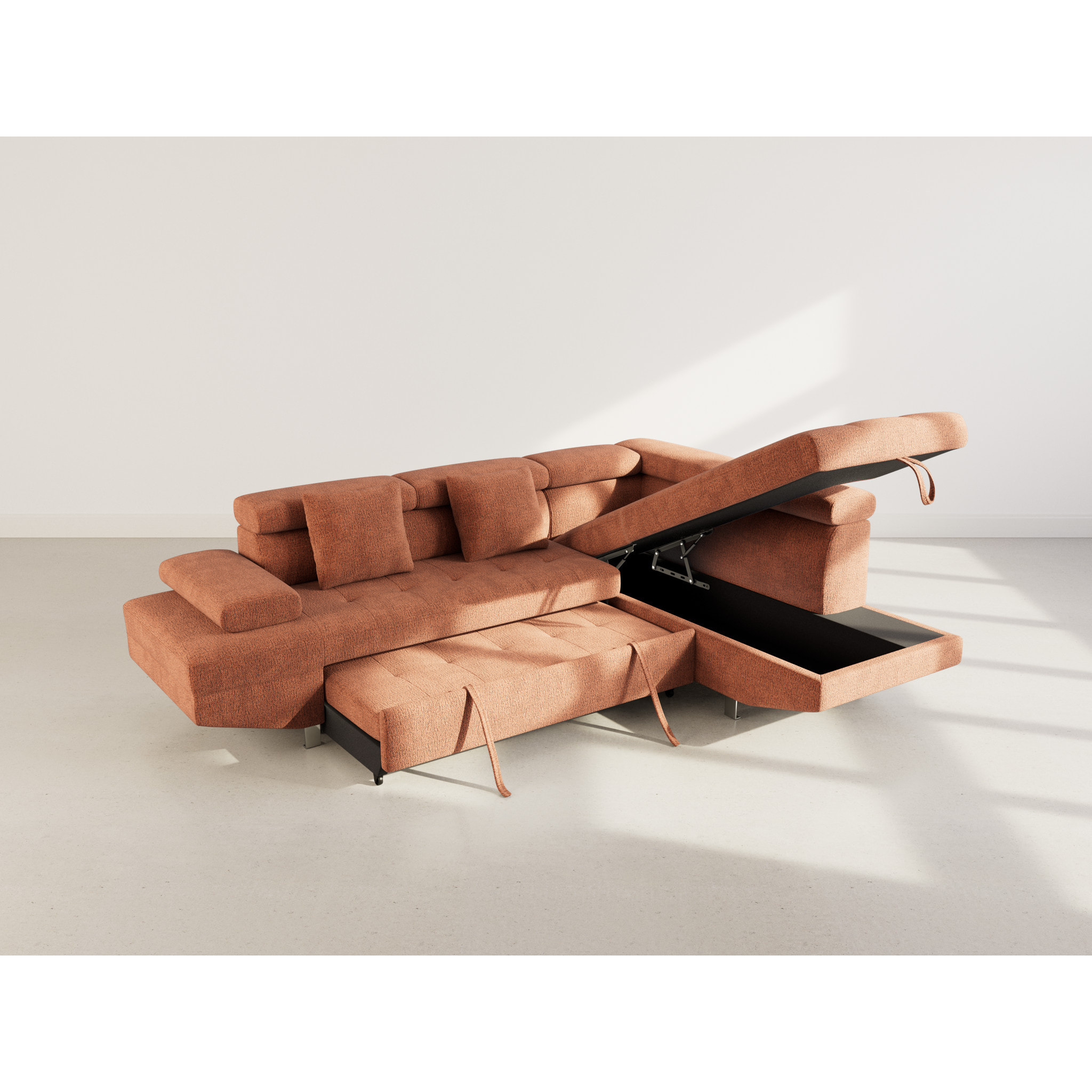 Margaux - Canapé d'angle droit 5 places convertible avec coffre et têtières réglables en velours texturé - Terracotta