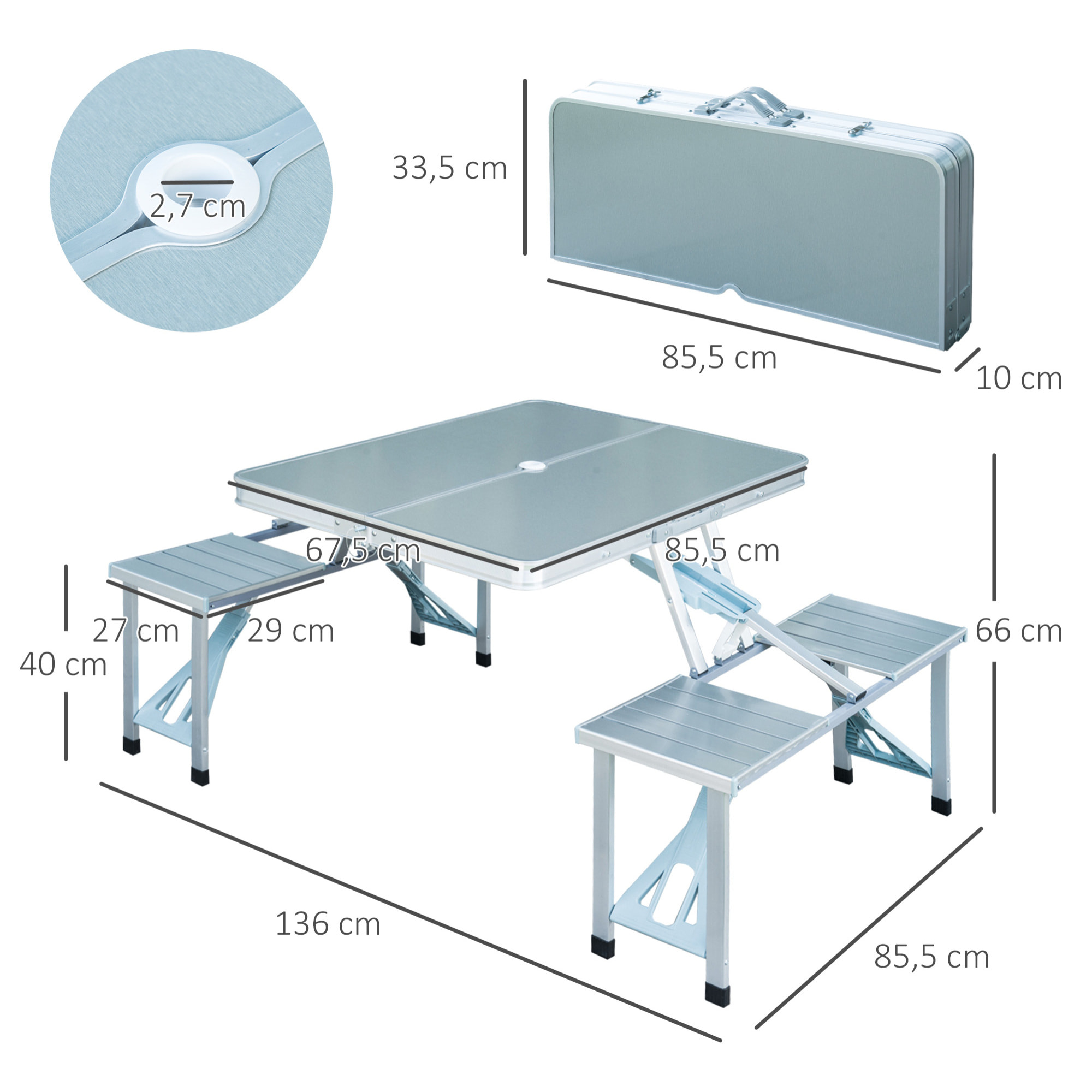 Mesa Plegable Playa 4 Asientos y Agujero de Sombrilla Estructura Aluminio NUEVO