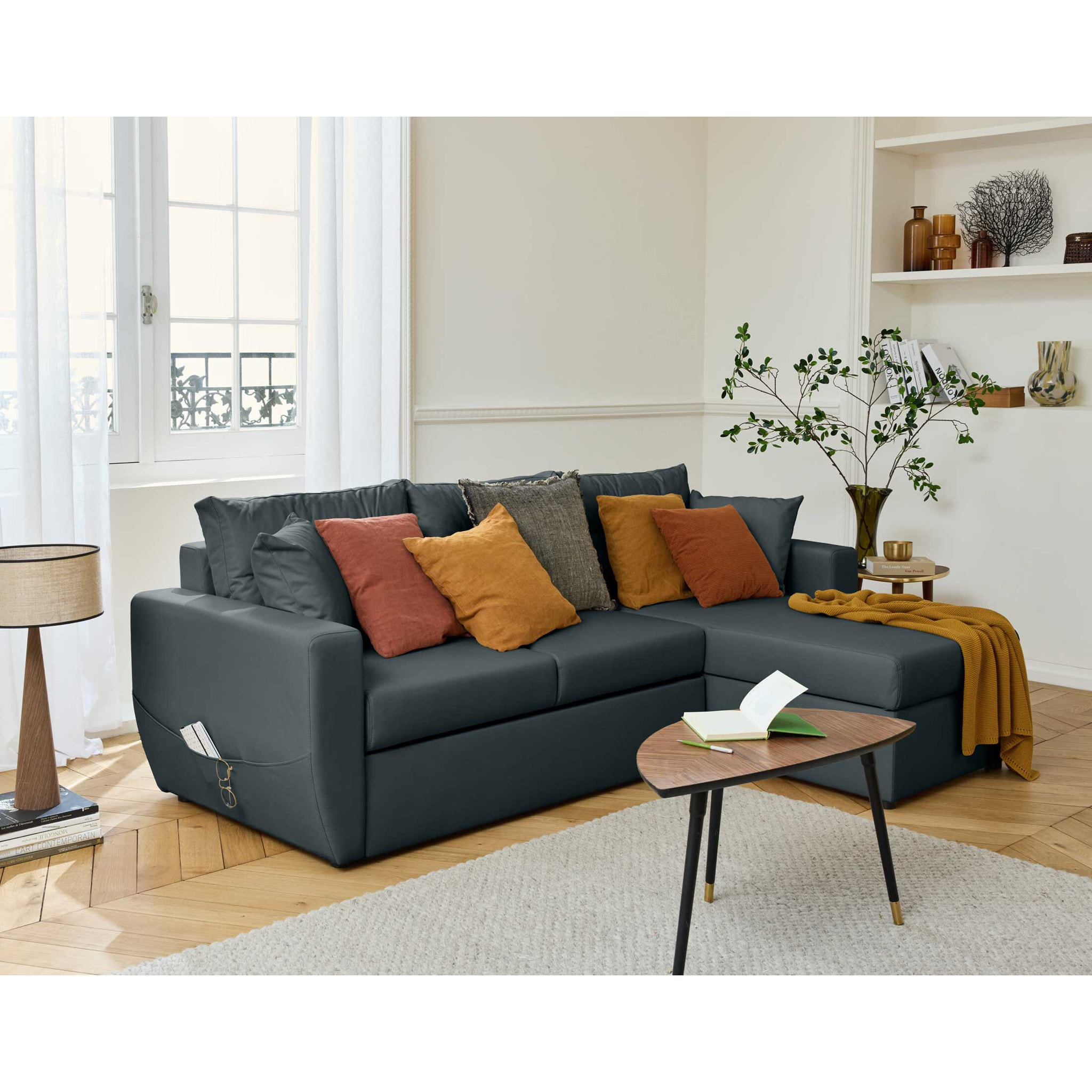 Astoria - canapé d'angle réversible 4 places - convertible avec coffre - en simili - Gris Anthracite