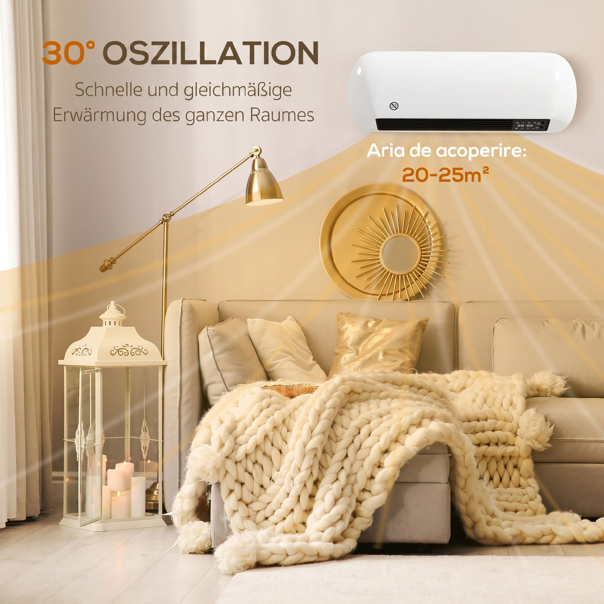 Calefactor Eléctrico Cerámico de Pared, 2000W, con 3 Modos, Pantalla LED, Termostato Regulable, Temporizador 24h, Oscilación, Mando a Distancia y Detección de Ventanas Abiertas