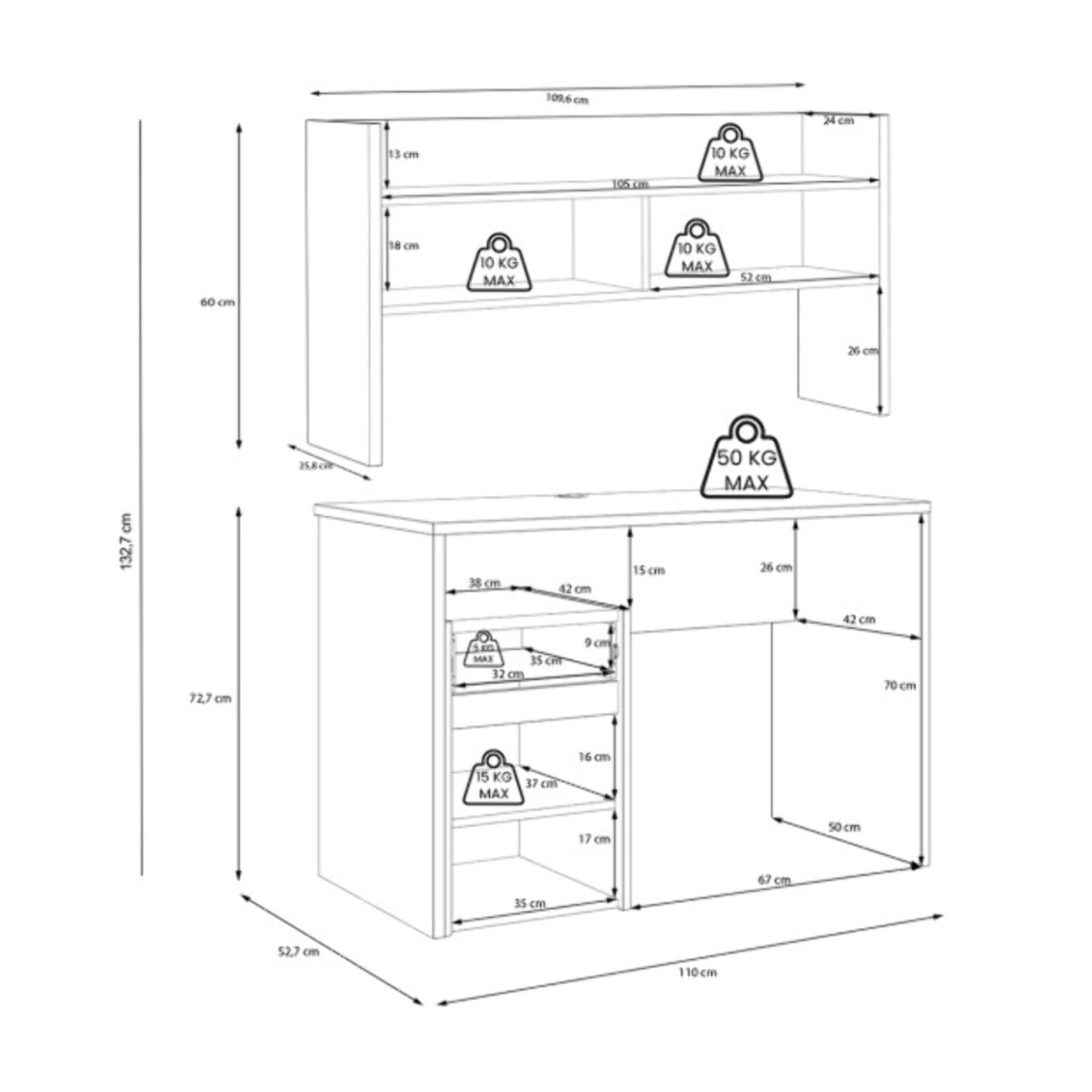 Bureau et sur-meuble de bureau avec rangements blanc, effet chêne - L 110 CM - KIARA