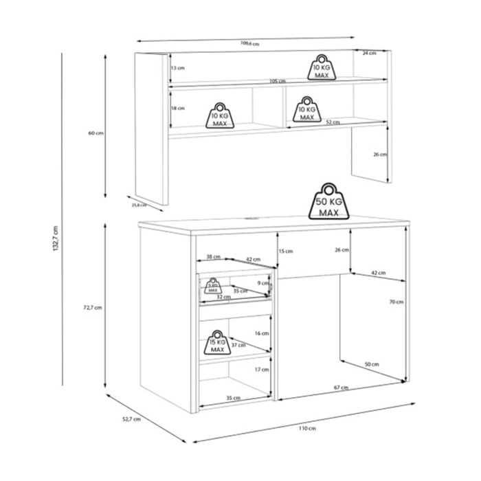 Bureau et sur-meuble de bureau avec rangements blanc, effet chêne - L 110 CM - KIARA