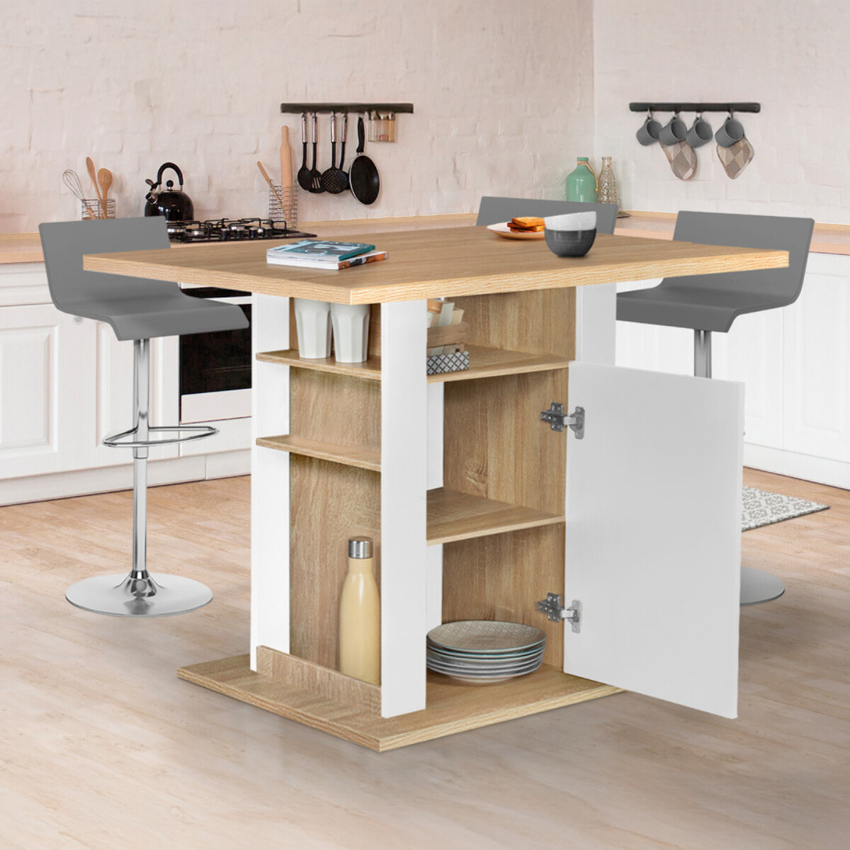 Ilot de cuisine Théo bois et blanc avec rangements