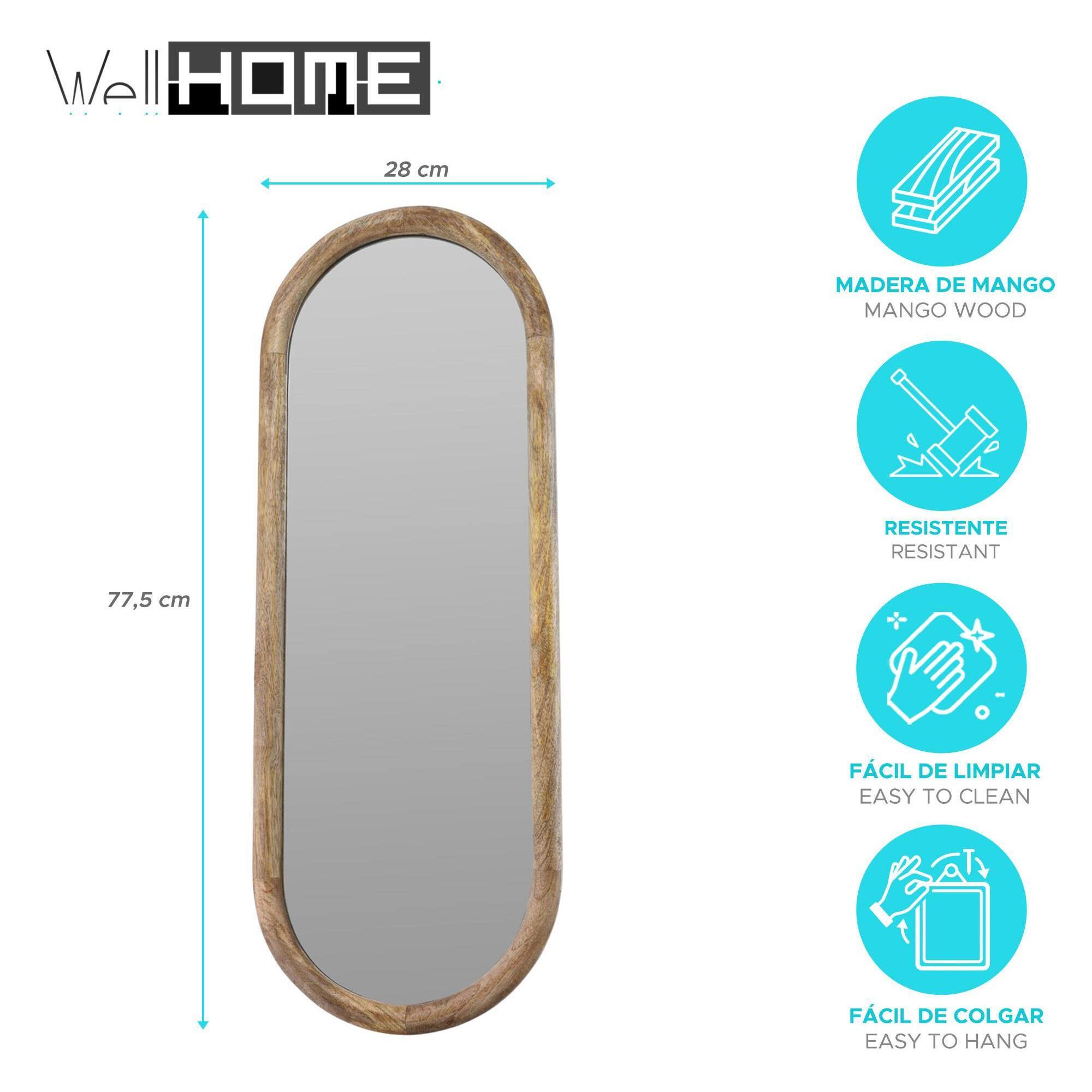WELL HOME Espejo ovalado 28x2,5x77,5cm marco de madera de mango, acabado natural para pared en dormitorio o pasillo