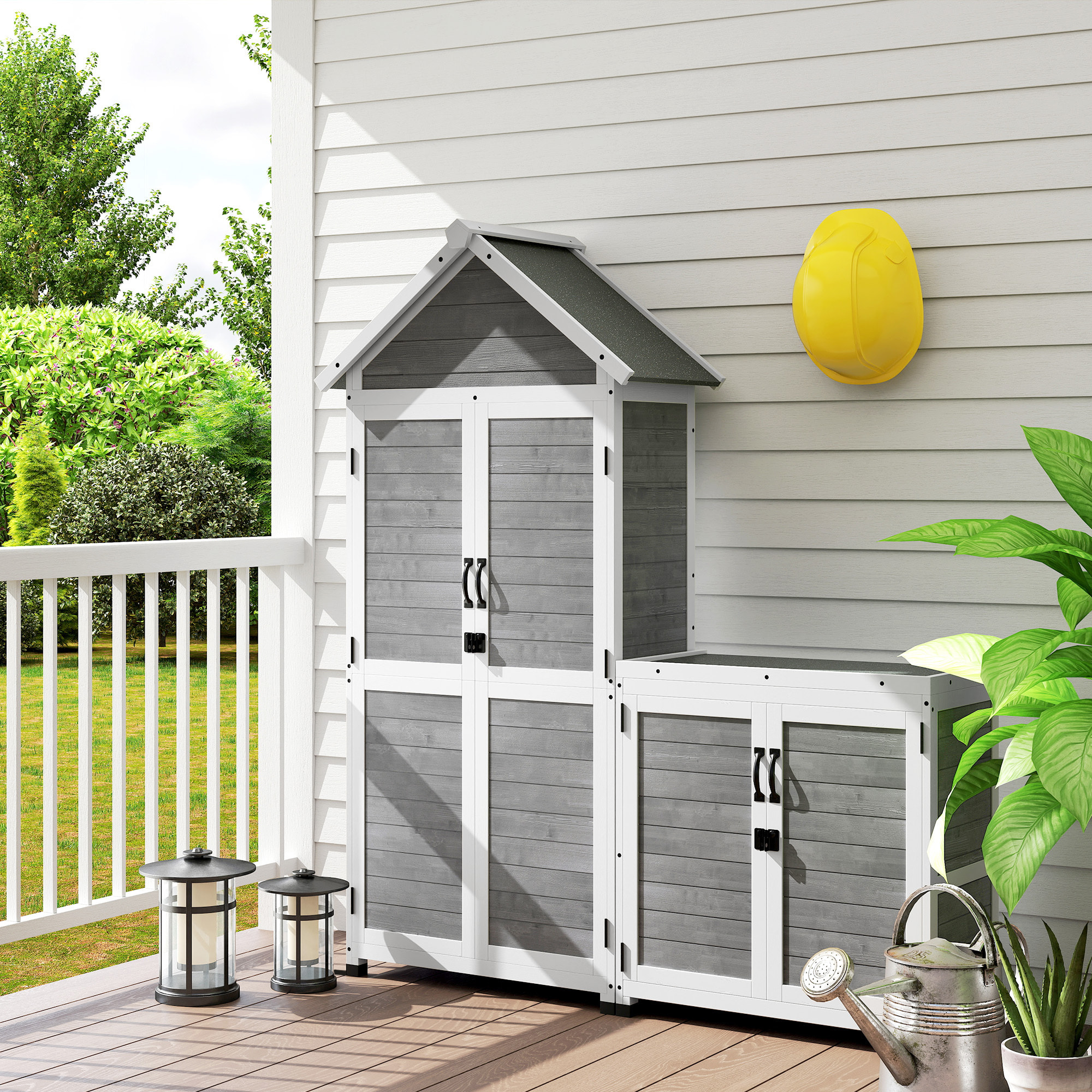 Ensemble armoire de jardin avec coffre extérieur assorti - 2 + 2 portes - 3 + 1 étagères - toit bitumé noir bois gris blanc
