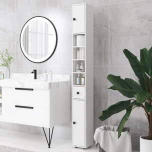 Mueble Auxiliar Baño Moderno Armario Alto de Baño con 1 Cajón 5 Estantes Ajustables y 2 Armarios Mueble de Almacenaje para Salón Dormitorio Carga 30 kg 20x20x180 cm Blanco