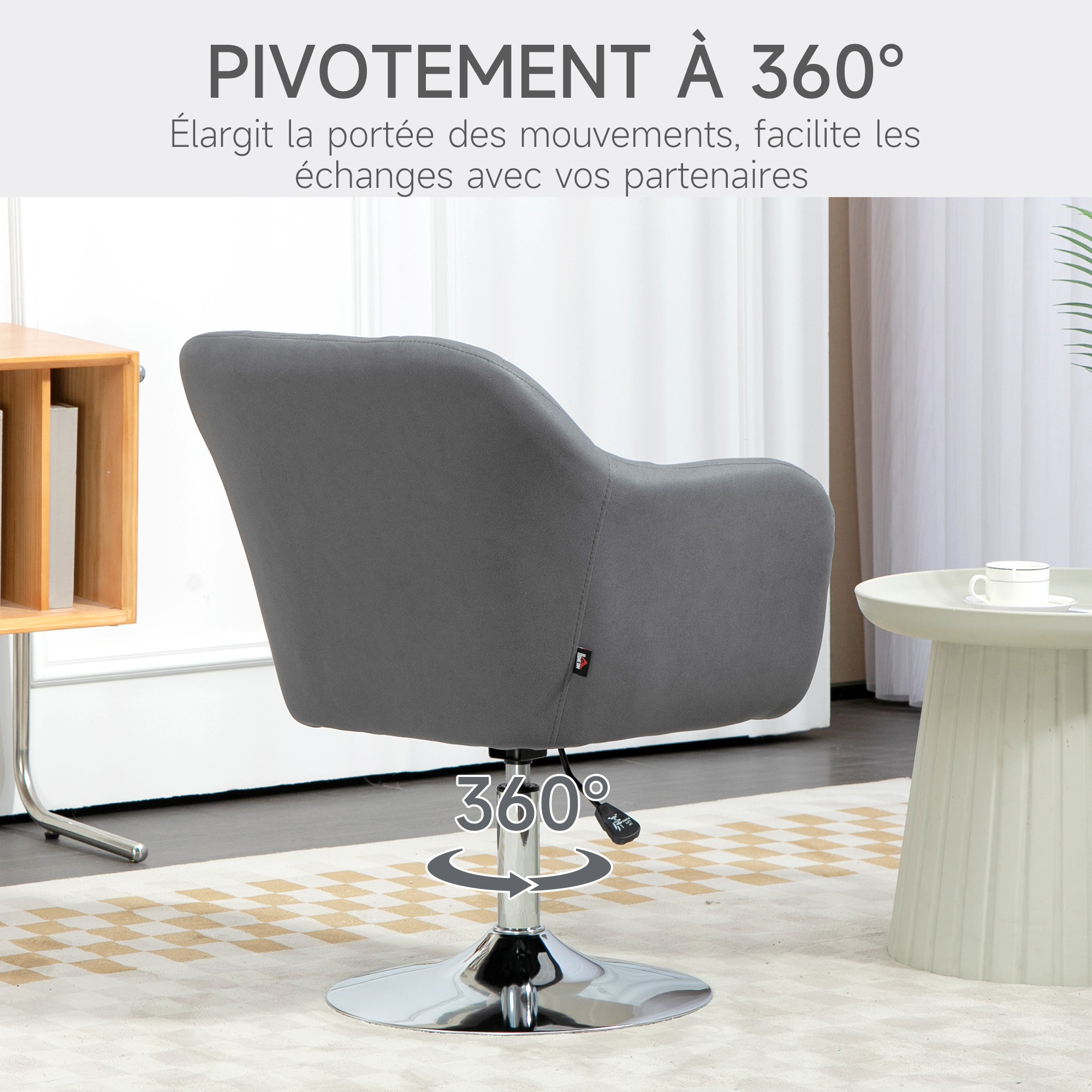 Fauteuil lounge design grand confort coussins lombaires hauteur réglable pivotant 360° piètement métal chromé lin gris