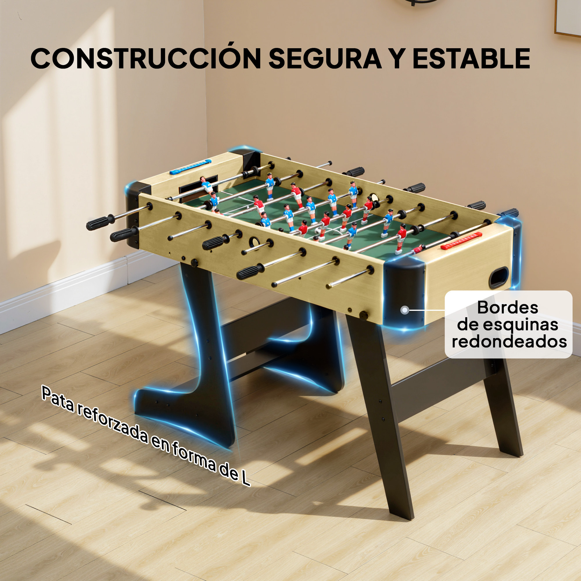 Futbolín para Niños Plegable, Mesa de Futbolín de Madera con 2 Marcadores, 8 Asas, 22 Jugadores, 8 Barras y 2 Bolas, para 2 a 4 Personas, Adultos, Familias, Fiestas, 118x107,5x78 cm, Natural