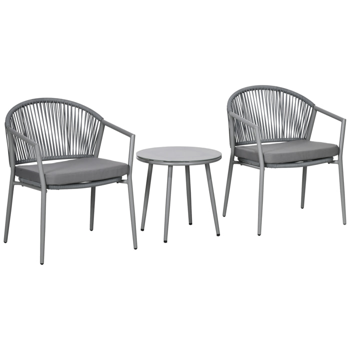 Conjunto de Jardín Exterior de 3 Piezas Juego de 2 Sillas y Mesa de Ratán con Cojines Acolchados y Encimera de Vidrio para Balcón Terraza Gris