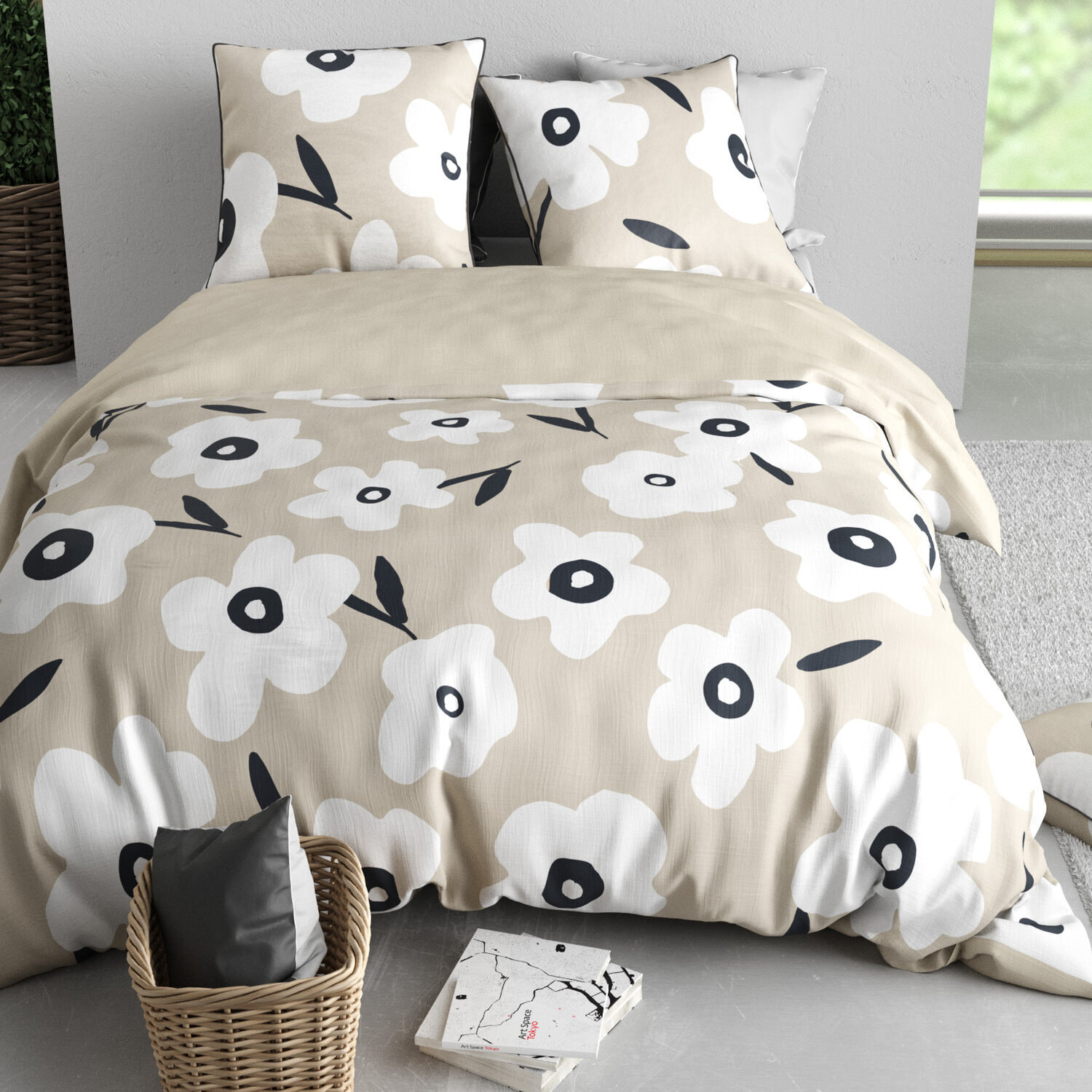 Parure housse de couette imprimé 100% coton - lena - blanc