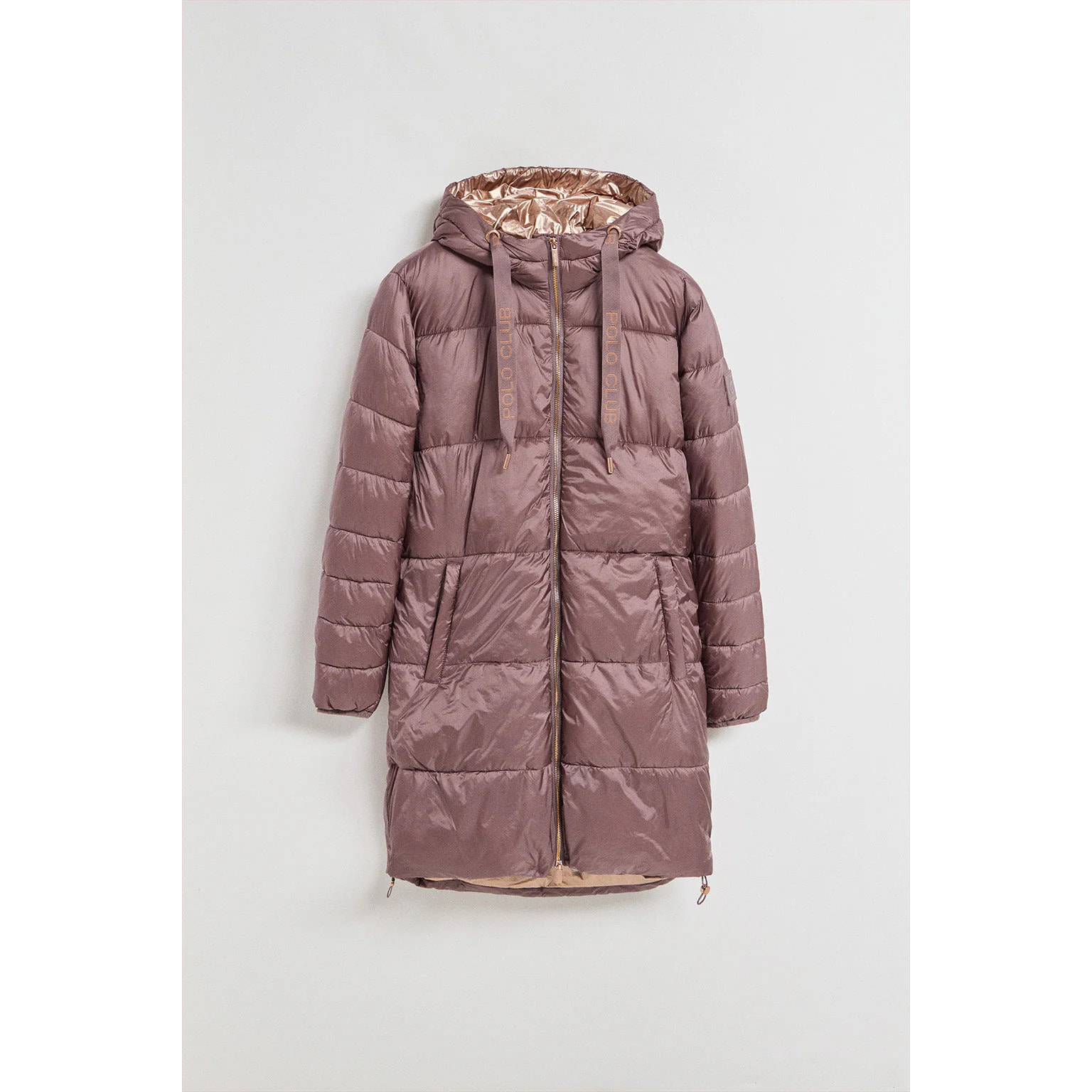 Giacca rosa tortora Rose lunga e trapuntata con cappuccio fisso e particolari Polo Club