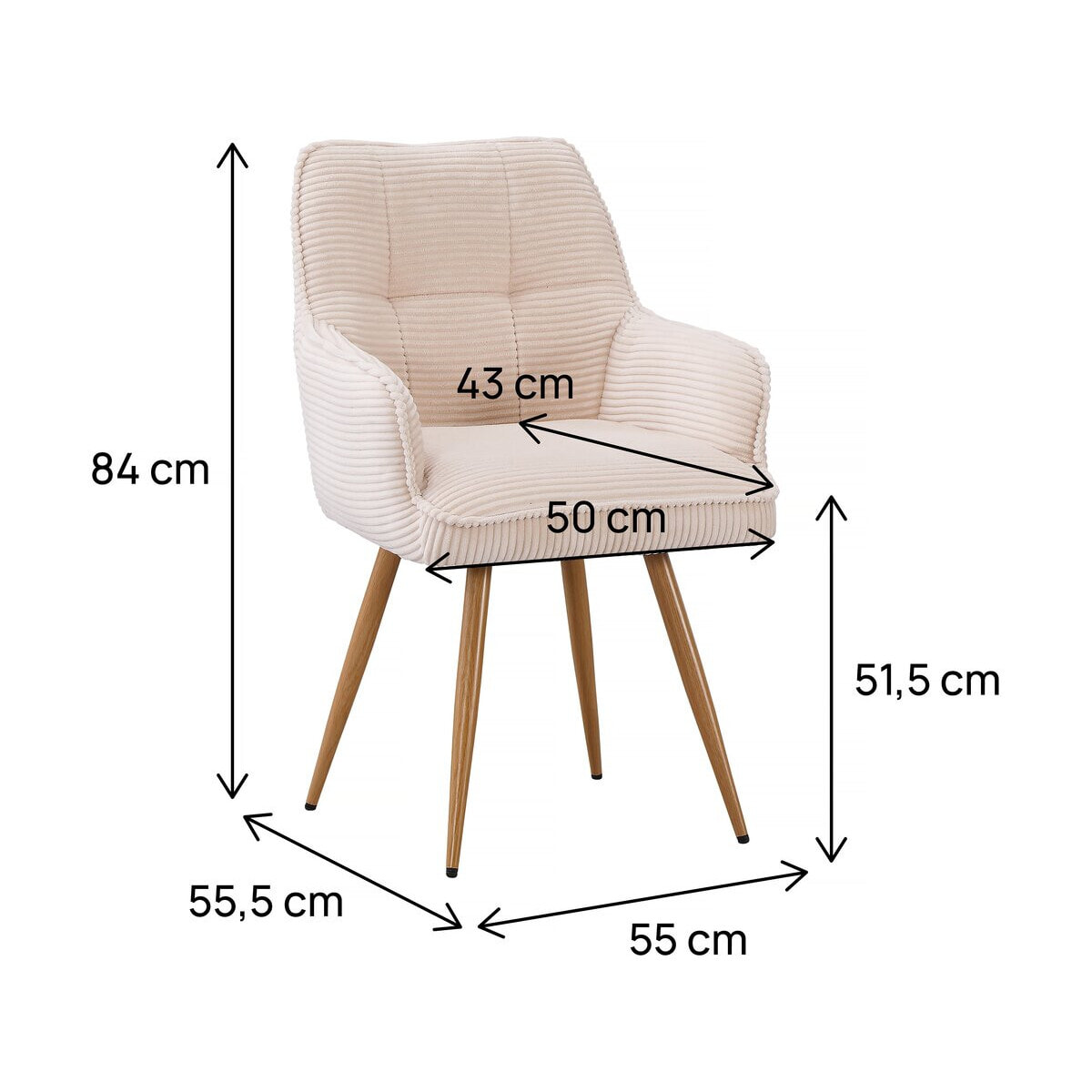 Lot de 2 chaises en velours côtelé  "Mayra" - 60 x 56 x 88 cm - Beige