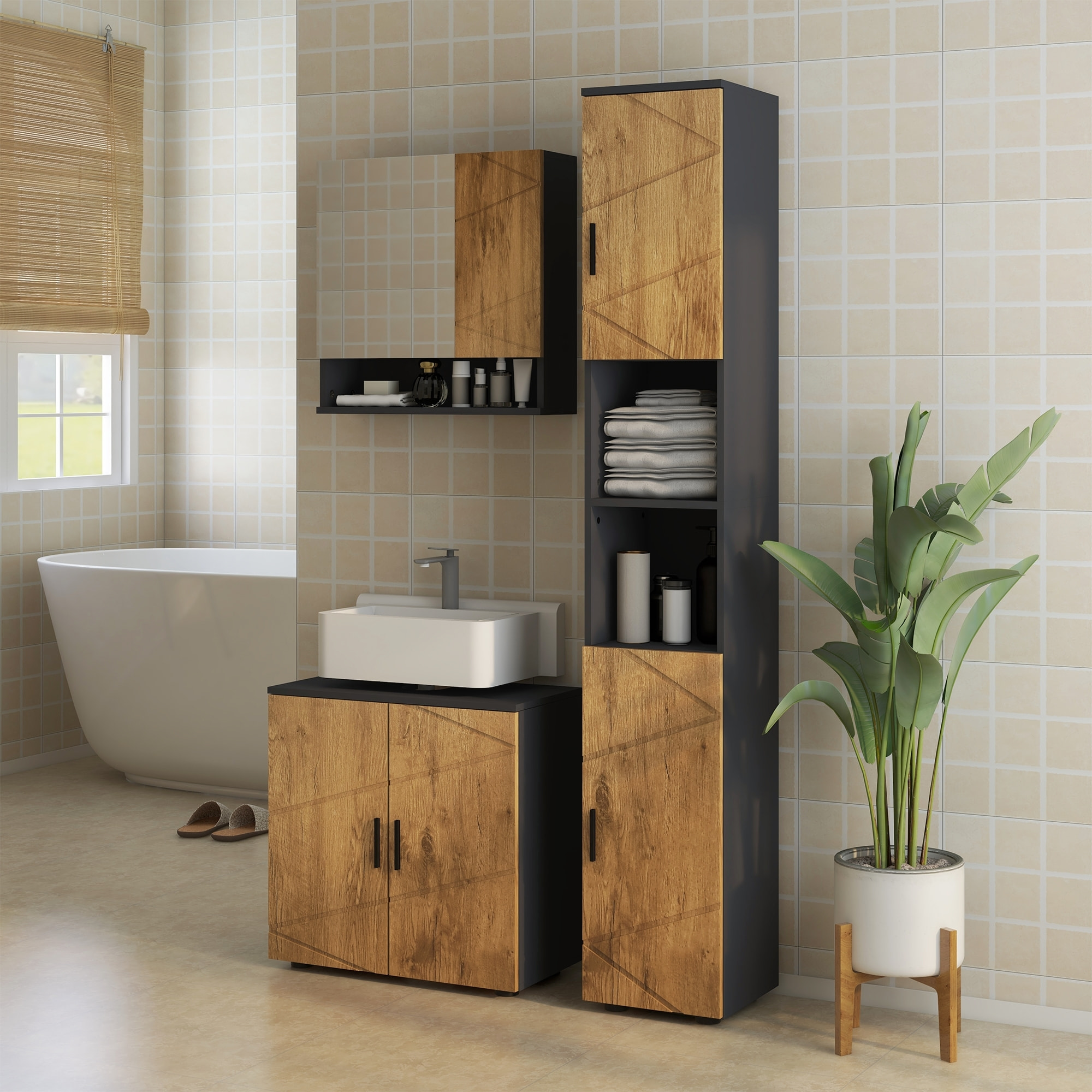 Meuble sous-vasque - 2 portes, étagère - dim. 60L x 30l x 60H cm - anthracite aspect bois