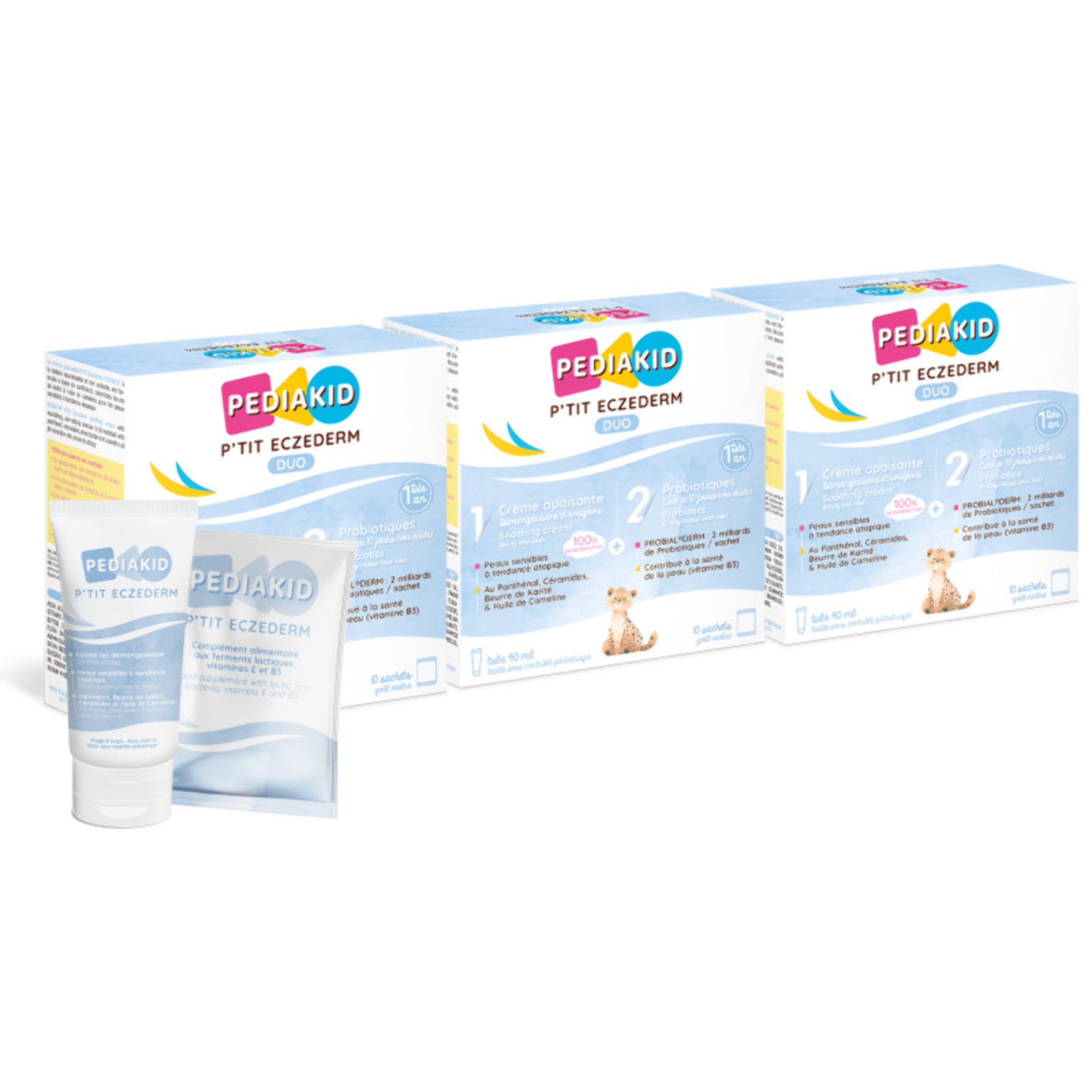 PEDIAKID - P'tit Eczederm Duo - Duo complet IN & OUT - Complément alimentaire probiotiques & crème apaisante naturelle - Peau sensible & sèche -  21 sachets + 1 tube - Lot de 3