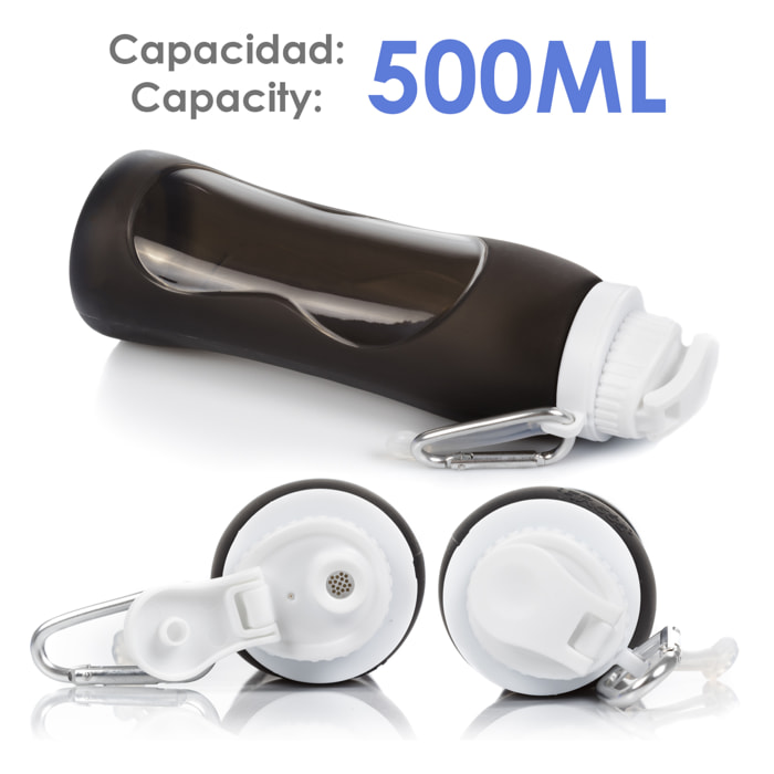 Bottiglia pieghevole arrotolabile da 500ml, in silicone di grado alimentare. Con moschettone.
