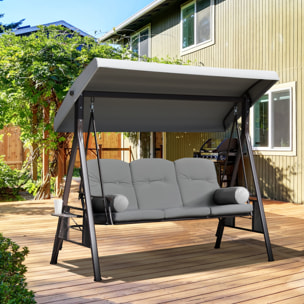 Columpio Balancín de Jardín de 3 Plazas con Techo Parasol 2 Cojines Bandeja para Bebidas y Marco de Metal para Terraza Balcón Exterior Carga Max. 360 kg 116x206x183 cm Gris