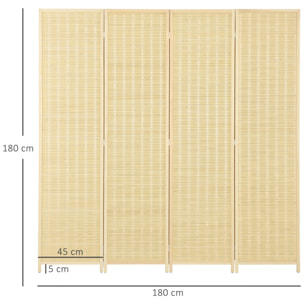 Paravent intérieur séparateur de pièce pliable 4 panneaux dim. 180L x 180H cm bois pin bambou coton