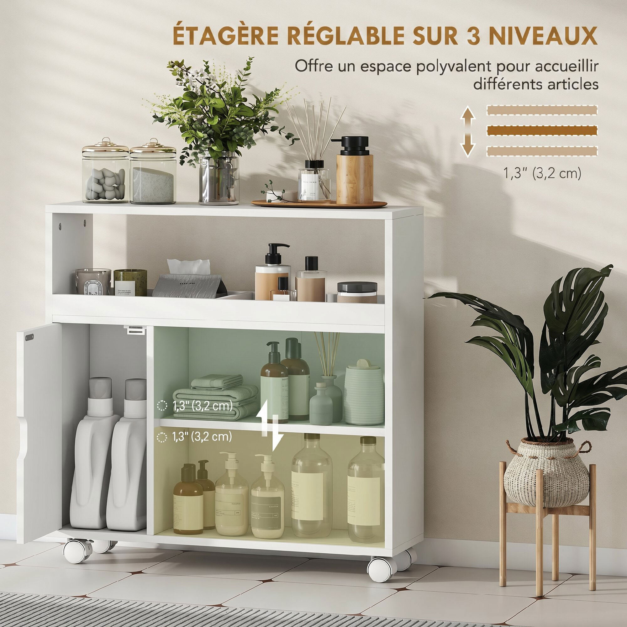 Desserte salle de bain 2 + 1 portes étagère niche 2 compartiments blanc