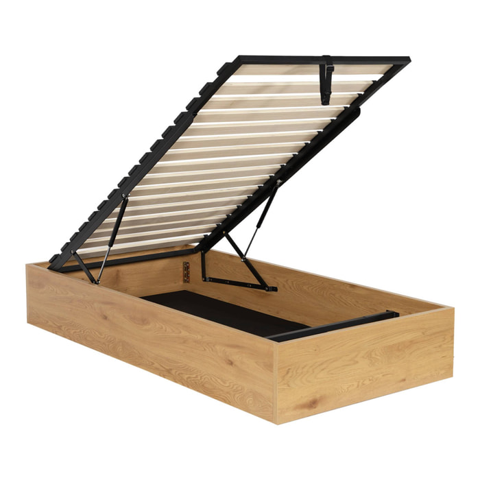 Lit coffre sommier à lattes 90x190cm décor bois  LIFT