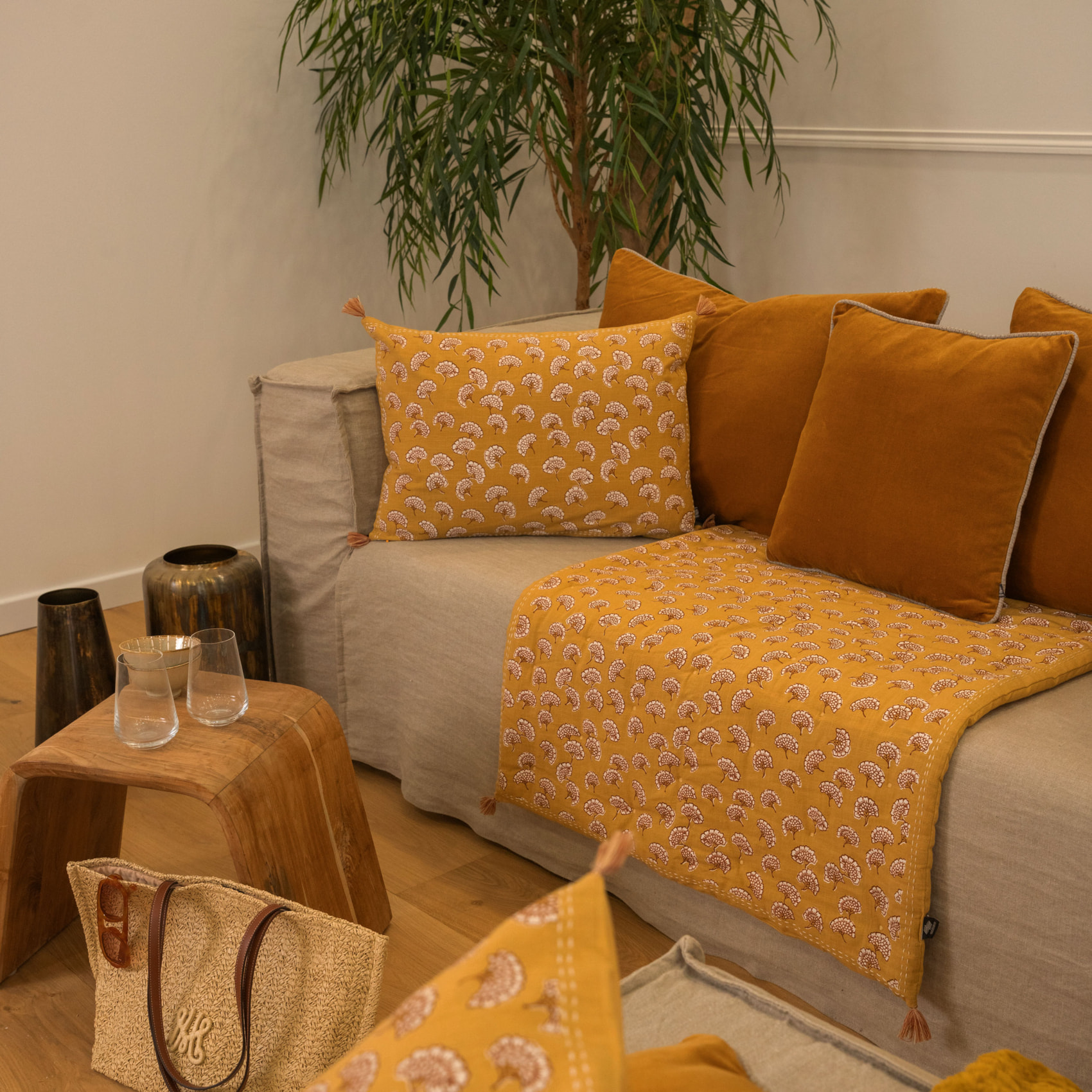 Édredon imprimé 100% coton avec pompon - Jaune