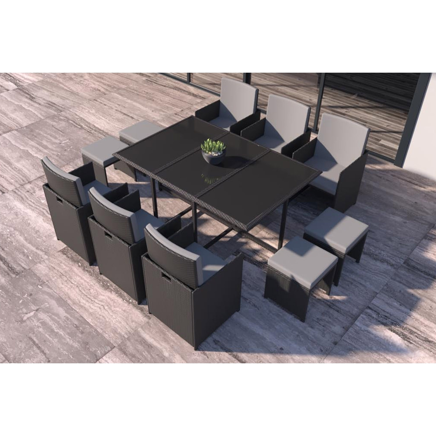 Table et chaises 10 places en résine tressée noir et gris LOUISIANE