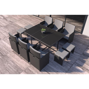 Table et chaises 10 places en résine tressée noir et gris LOUISIANE