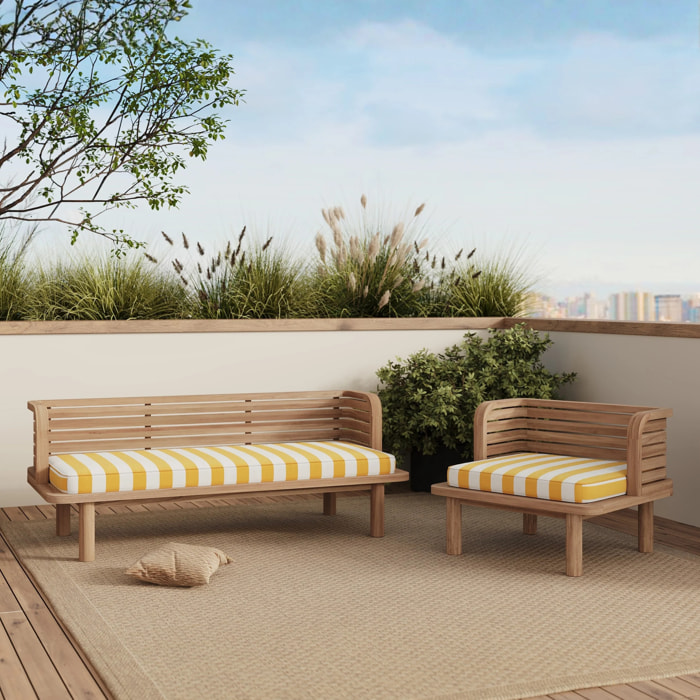 Canapé et fauteuil de jardin 3 places en teck massif, tissu rayé jaune - Kilda