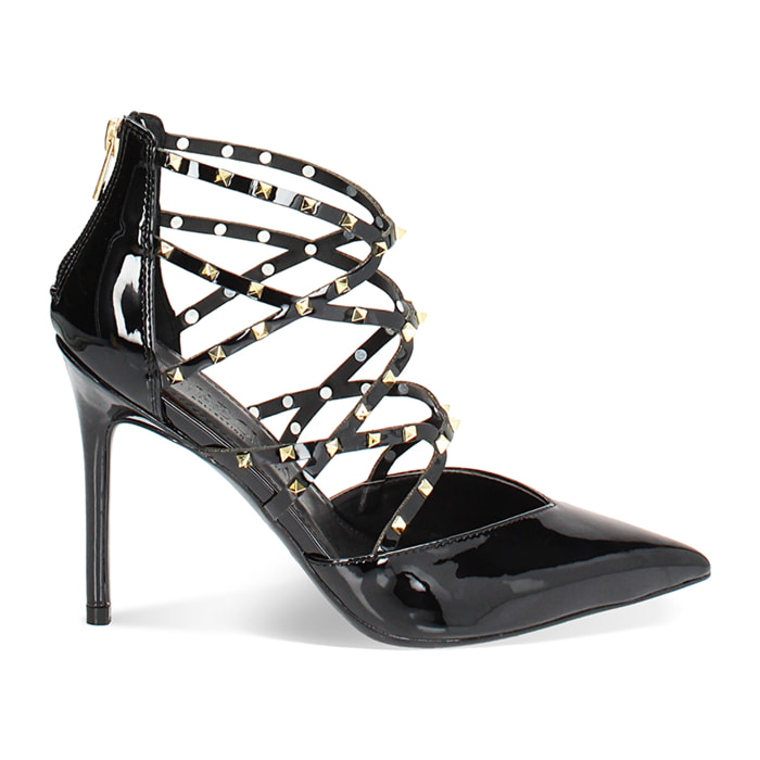 Décolleté open shank nere intrecciate, tacco 10,5 cm