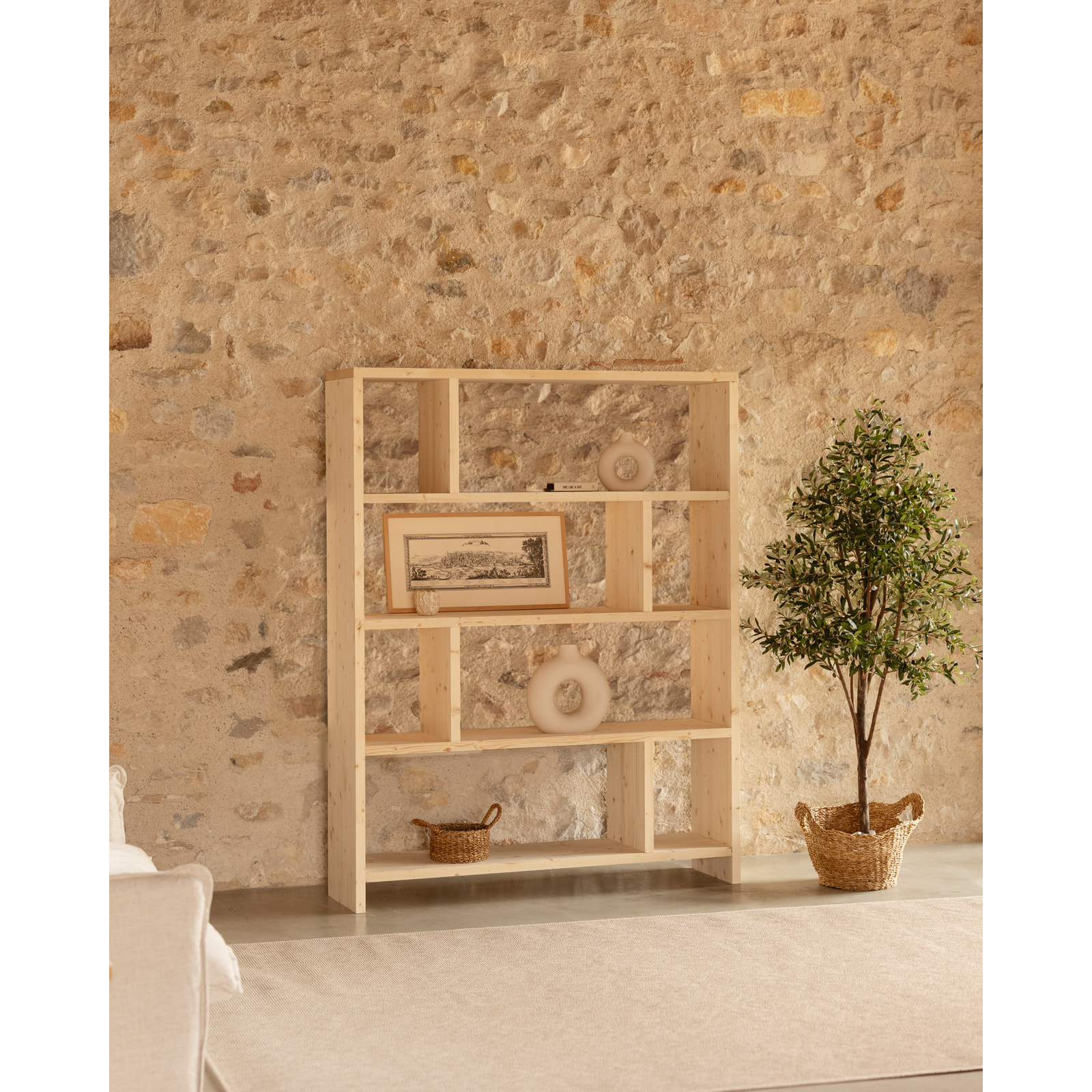 Estantería de madera maciza tono natural de 180x140cm Alto: 180 Largo: 140 Ancho: 35