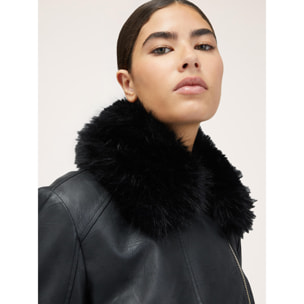Motivi - Chaqueta motera en tejido revestido con cuello de peluche - Negro