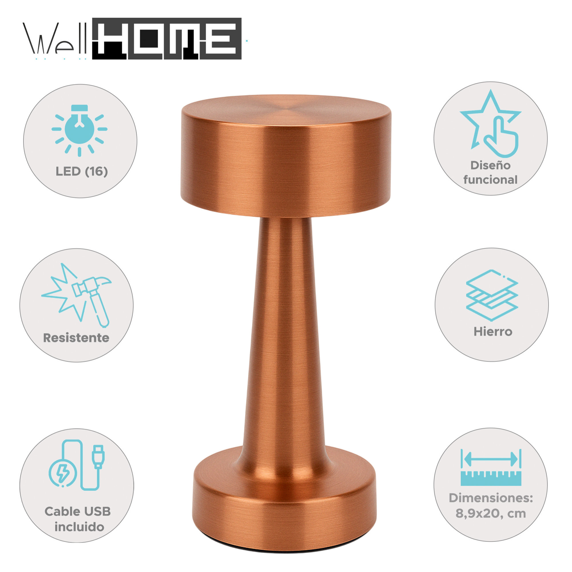 Well Home Lámpara de Mesa color Cobre Recargable con 16 luces LED y 3 modos de iluminación Ø8,9x20,9cm