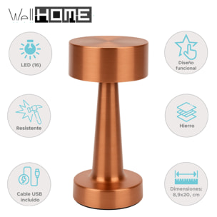 Well Home Lámpara de Mesa color Cobre Recargable con 16 luces LED y 3 modos de iluminación Ø8,9x20,9cm