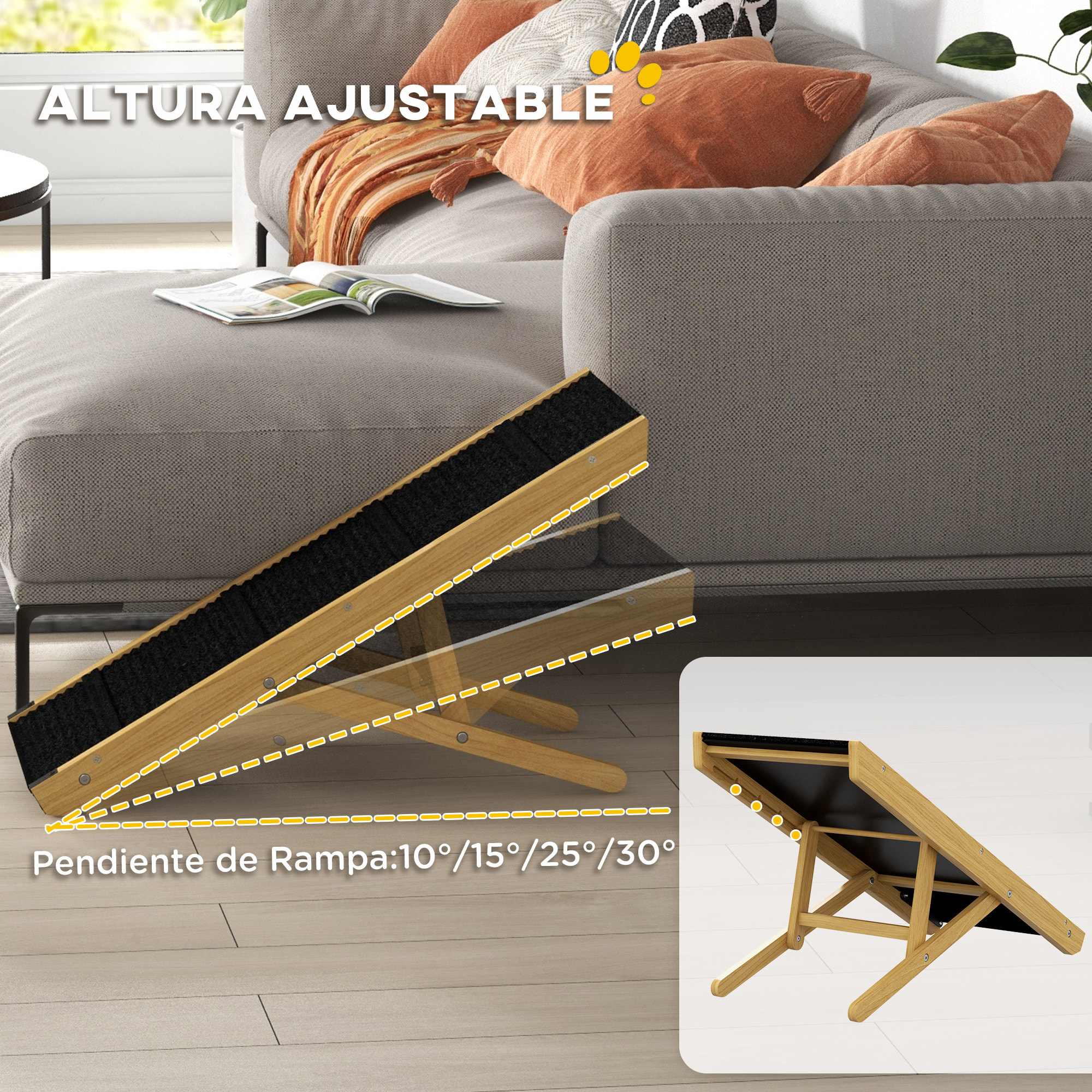 Rampa para Perros Plegable Rampa para Mascotas de Madera con Altura Ajustable en 4 Niveles para Perros Pequeños y Medianos 83,5x35x47,5 cm Natural