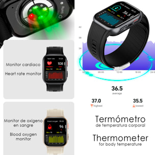 Smartwatch TK67. Llamadas Bluetooth con funciones avanzadas de salud: temperatura corporal, ECG, micro examen físico y presión arterial mediante bomba de inflado y bolsa de aire.