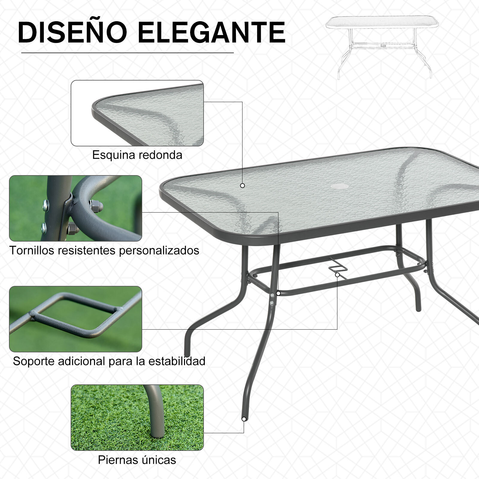 Mesa de Jardín Exterior Rectangular de Metal Orificio para Sombrilla 120x80x70cm