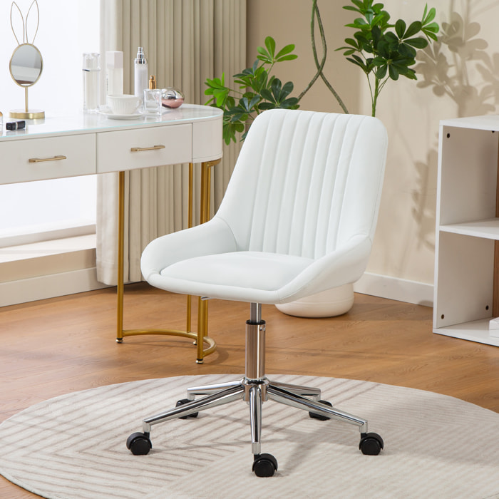 Chaise de bureau design dossier à surpiqûres verticales piètement acier chromé PU blanc