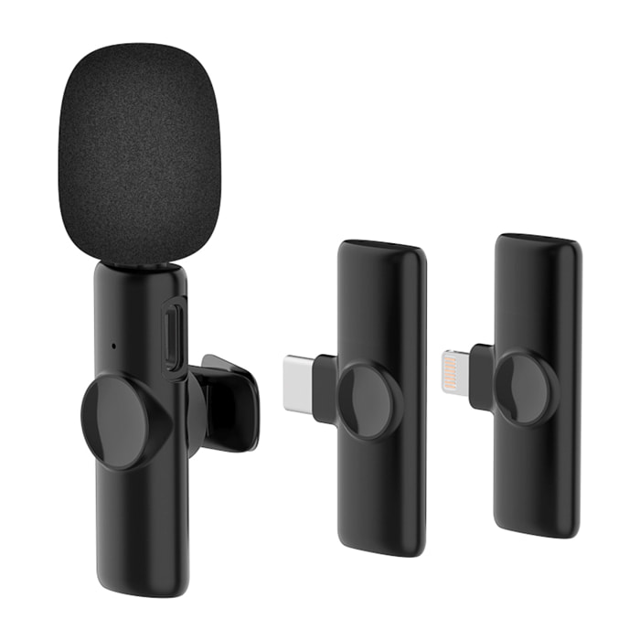 Microfono da bavero K11, Plug & Play. Riduzione del rumore, basso ritardo, wireless, 2,4 GHz. Per iOS e Android.
