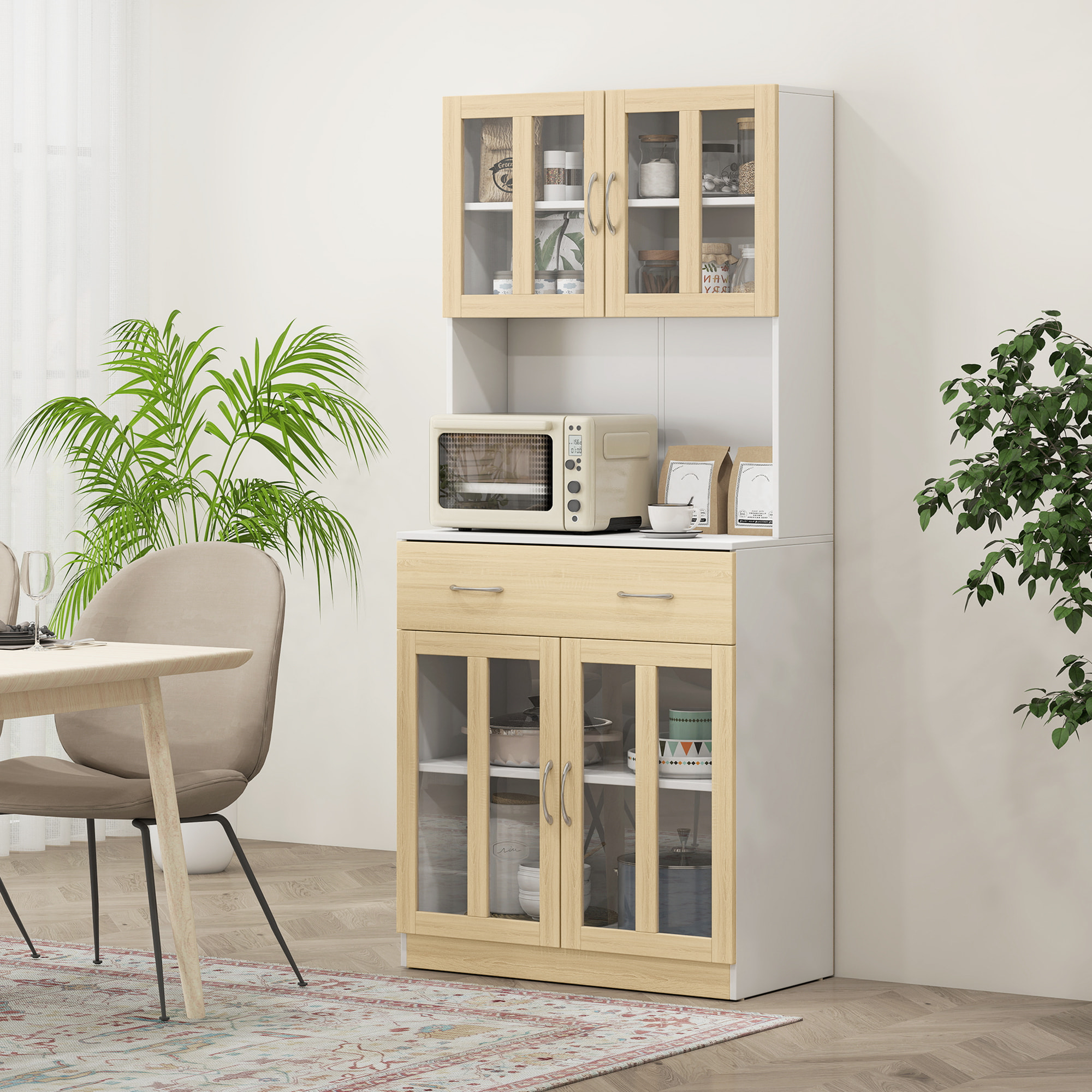 Alacena de Cocina Alta, Mueble Auxiliar de Cocina, con 4 Puertas de Vidrio, Encimera Abierta para Microondas, Cajón, Estantes Ajustables, 80x40x180 cm, Blanco y Natural