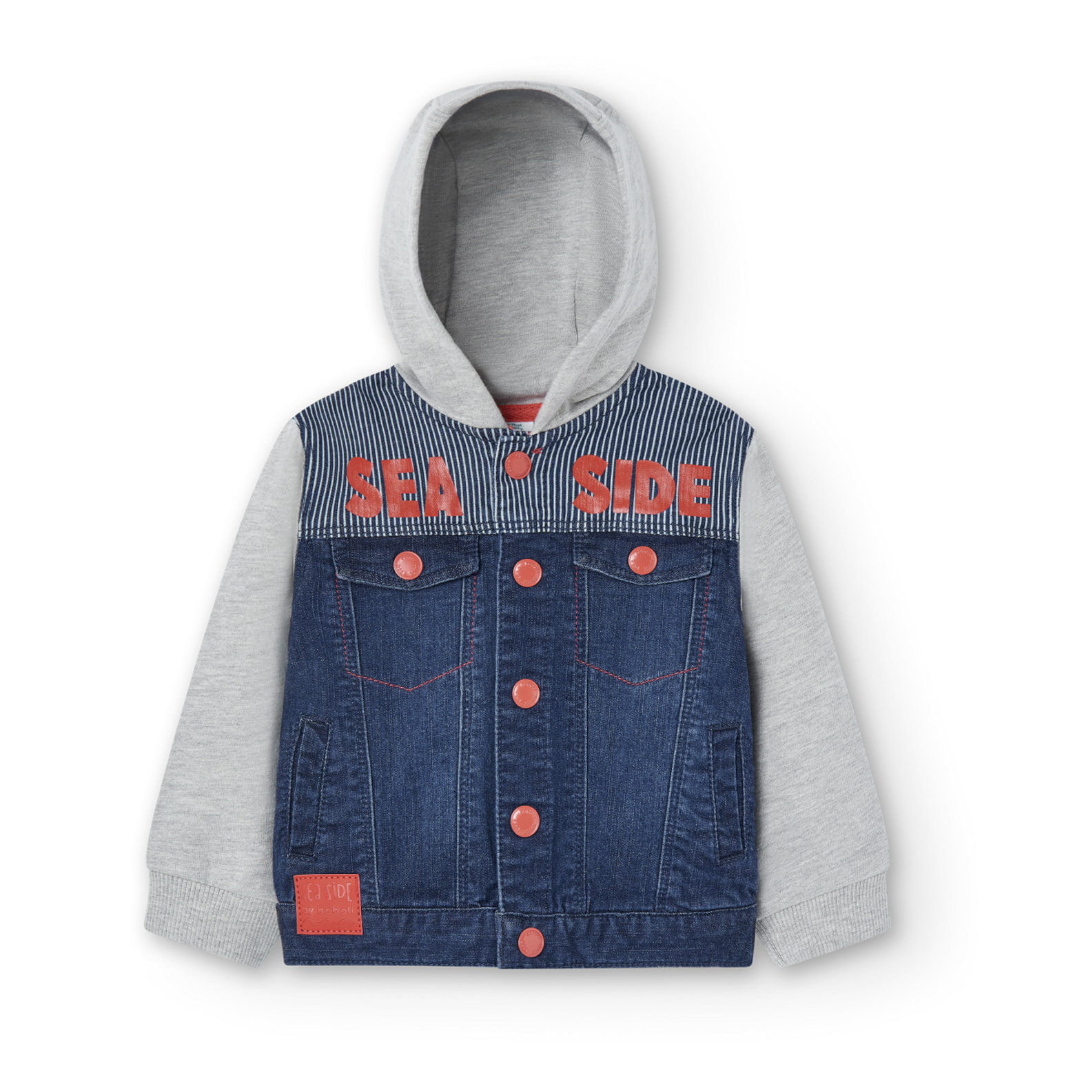 Cazadora denim combinada niÃ±o, capucha forrada, estampado