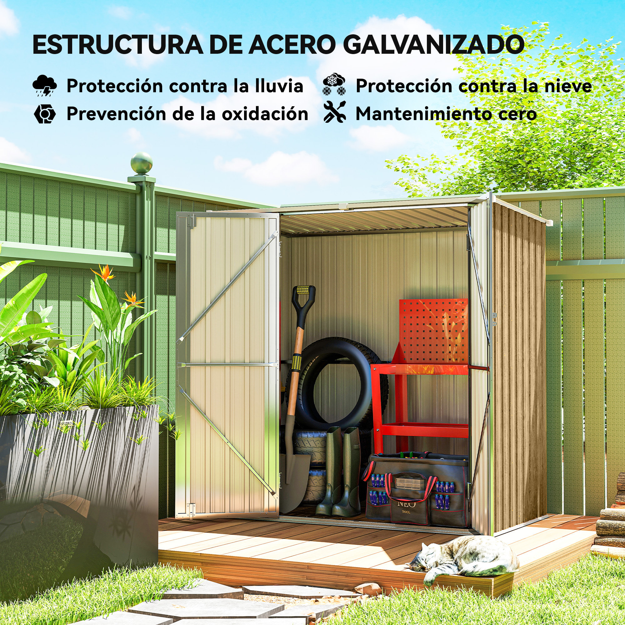 Caseta de Jardín Exterior 1,37 m², 163x89x163 cm, Cobertizo de Jardín Exterior Metálico con Techo Inclinado, Puertas con Pestillo y Guantes para Almacenamiento de Herramientas, Marrón Claro