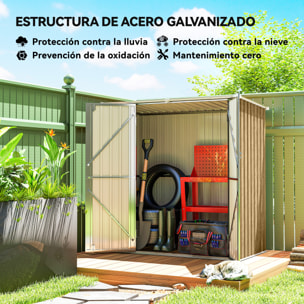 Caseta de Jardín Exterior 1,37 m², 163x89x163 cm, Cobertizo de Jardín Exterior Metálico con Techo Inclinado, Puertas con Pestillo y Guantes para Almacenamiento de Herramientas, Marrón Claro