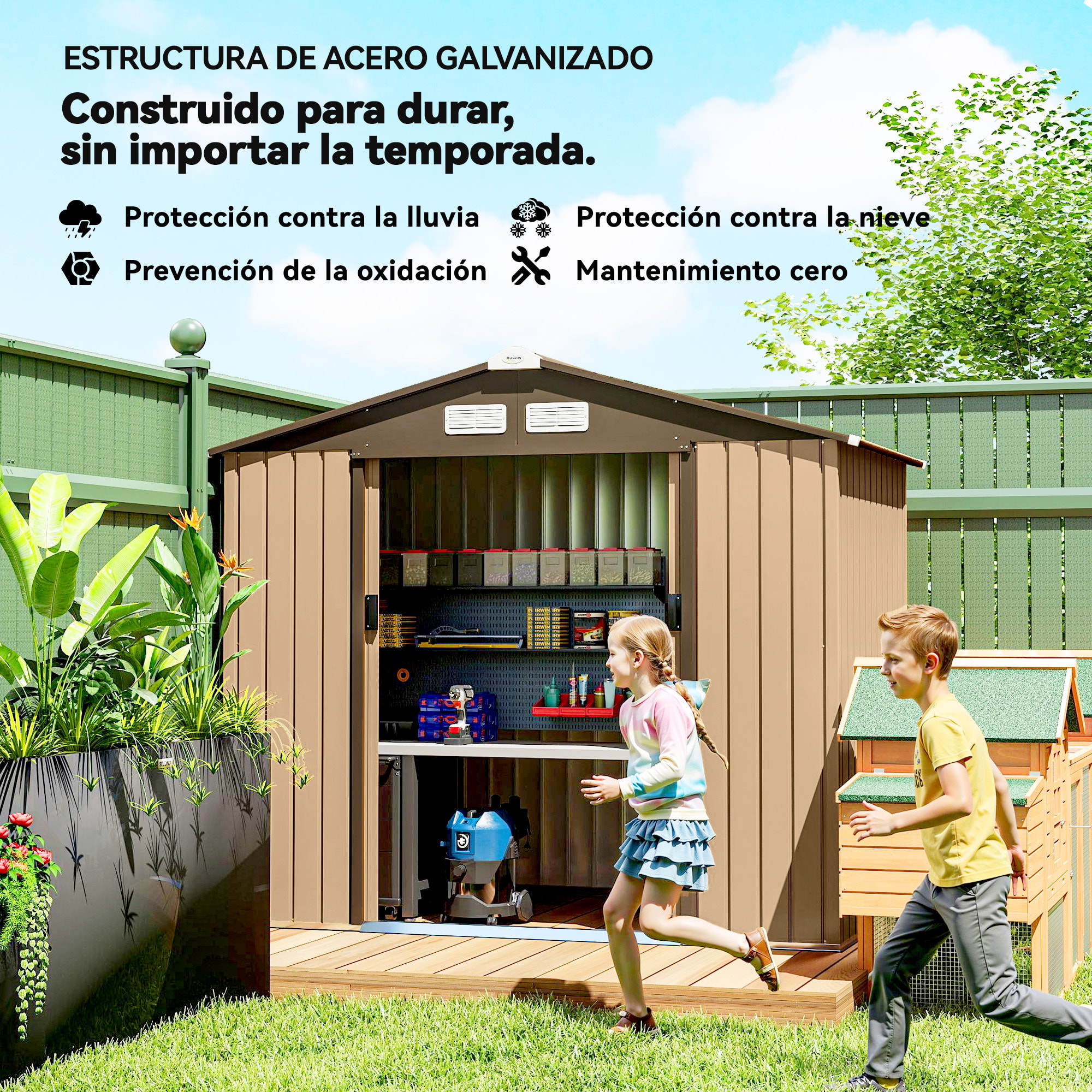 Caseta de Jardín Exterior 2,42 m², 213x130x185 cm, Cobertizo de Jardín Exterior Metálico con Puertas Correderas, Ventilación, y Guantes para Almacenamiento de Herramientas, Amarillo