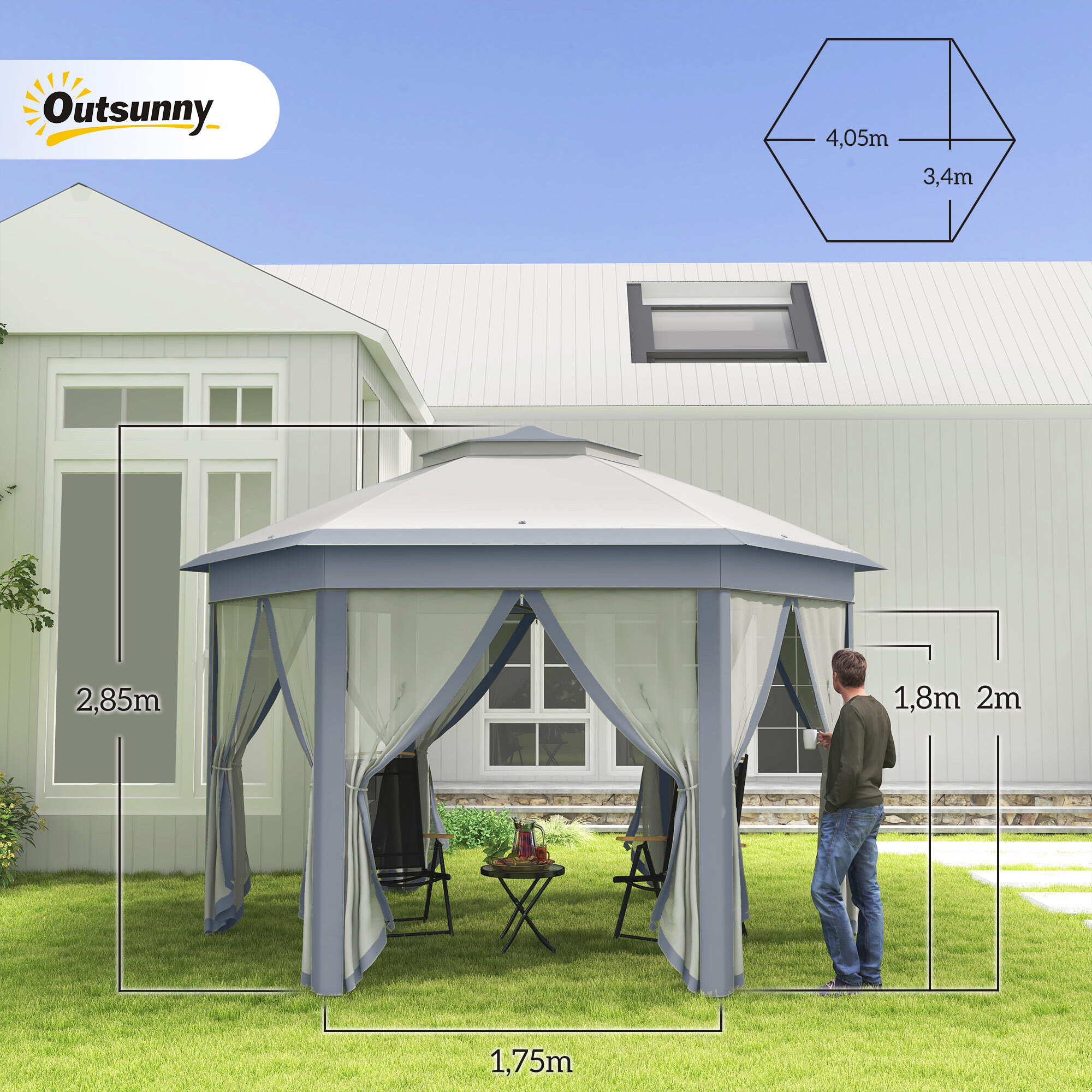 Carpa Plegable 4x3,4 m, Cenador de Jardín Hexagonal con Doble Techo, 6 Mosquiteras Extraíbles y Bolsa de Transporte, Impermeable, Anti-UV para Exterior, Fiestas, Gris